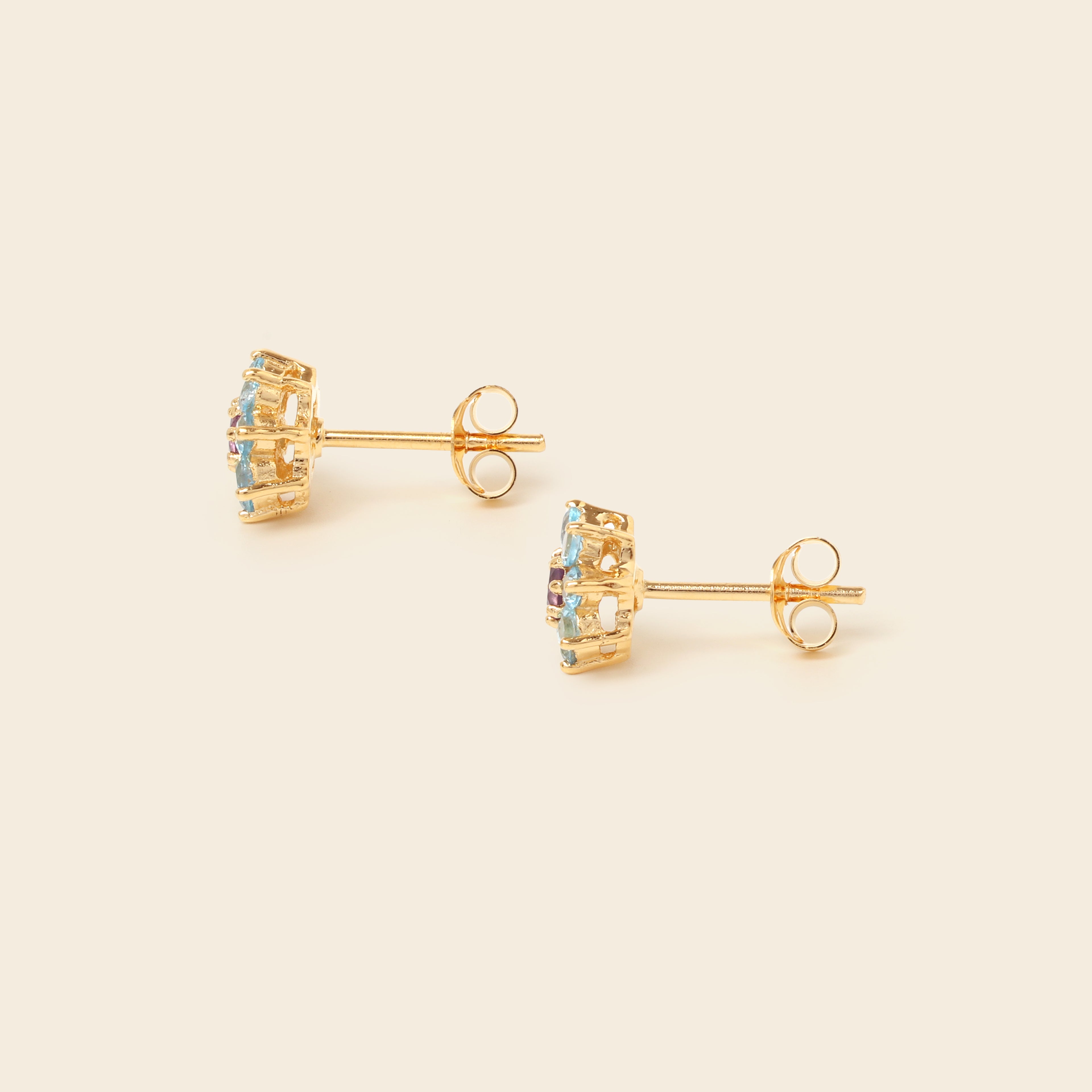 Natural amethyst and blue topaz flower earrings handcrafted in Bangkok