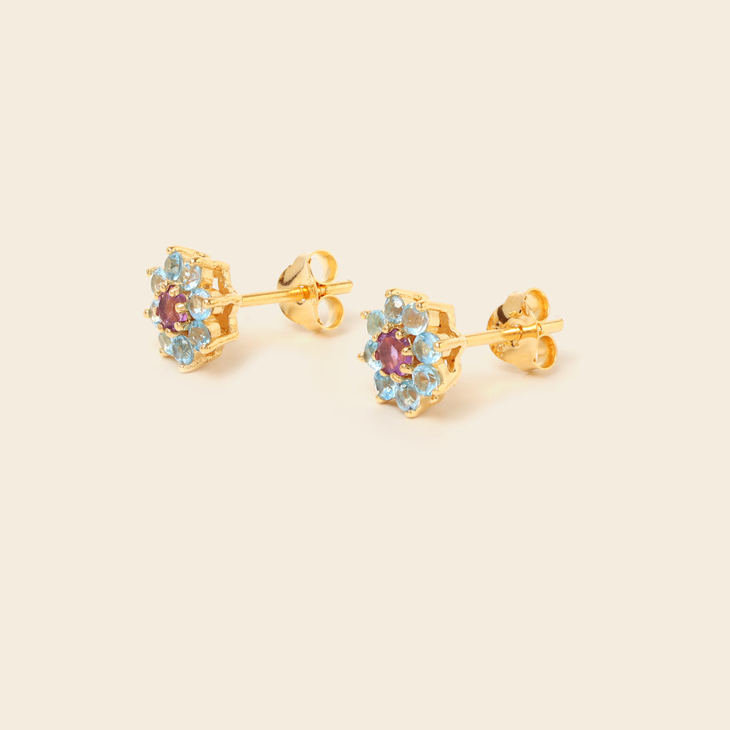 Amethyst blue topaz stud earrings with butterfly closure