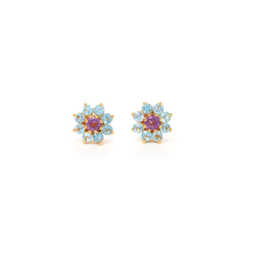 Amethyst and blue topaz flower stud earrings in 18K gold plated sterling silver by Jewelry By Crimson