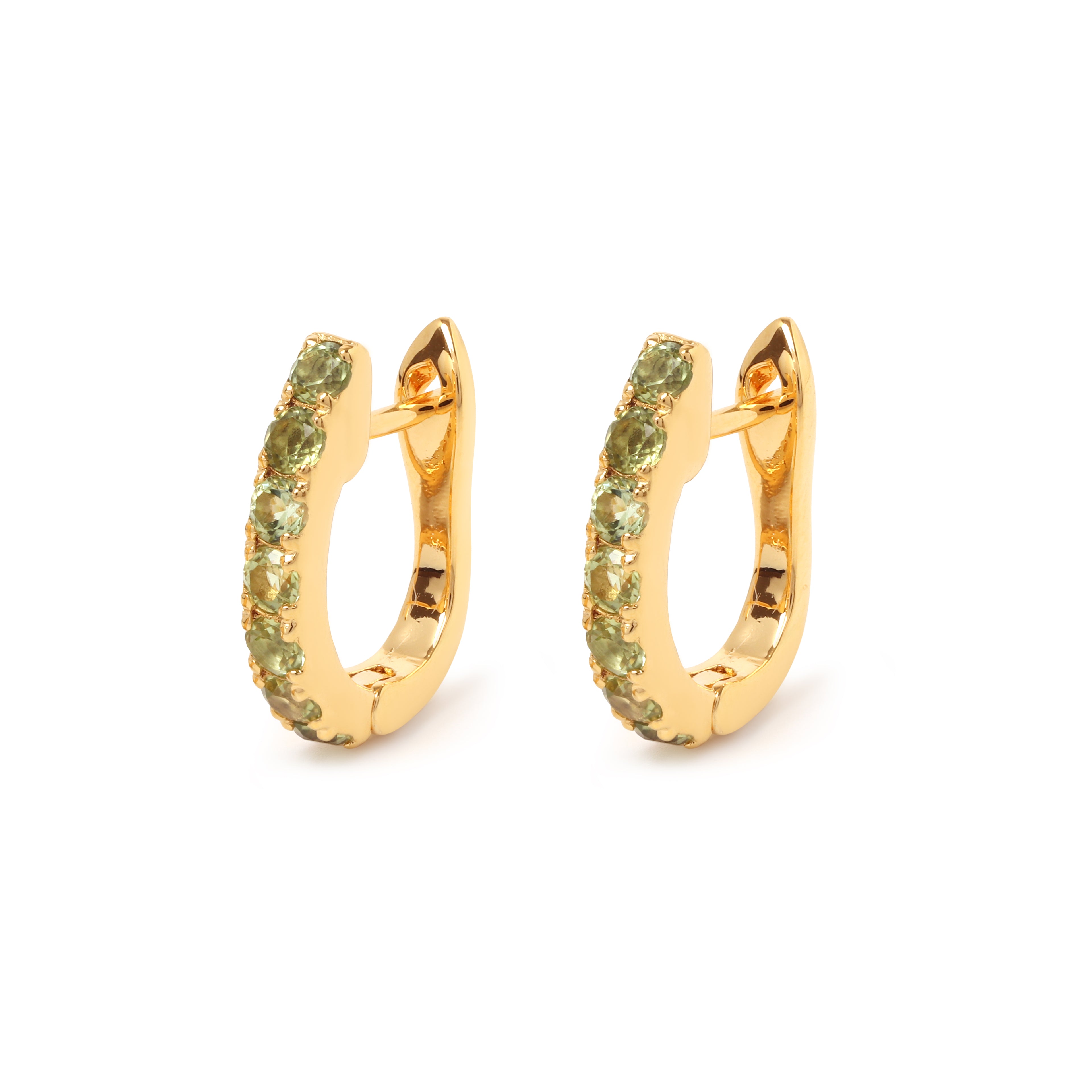Peridot huggie hoop earrings in 18K gold plated sterling silver by Jewelry By Crimson