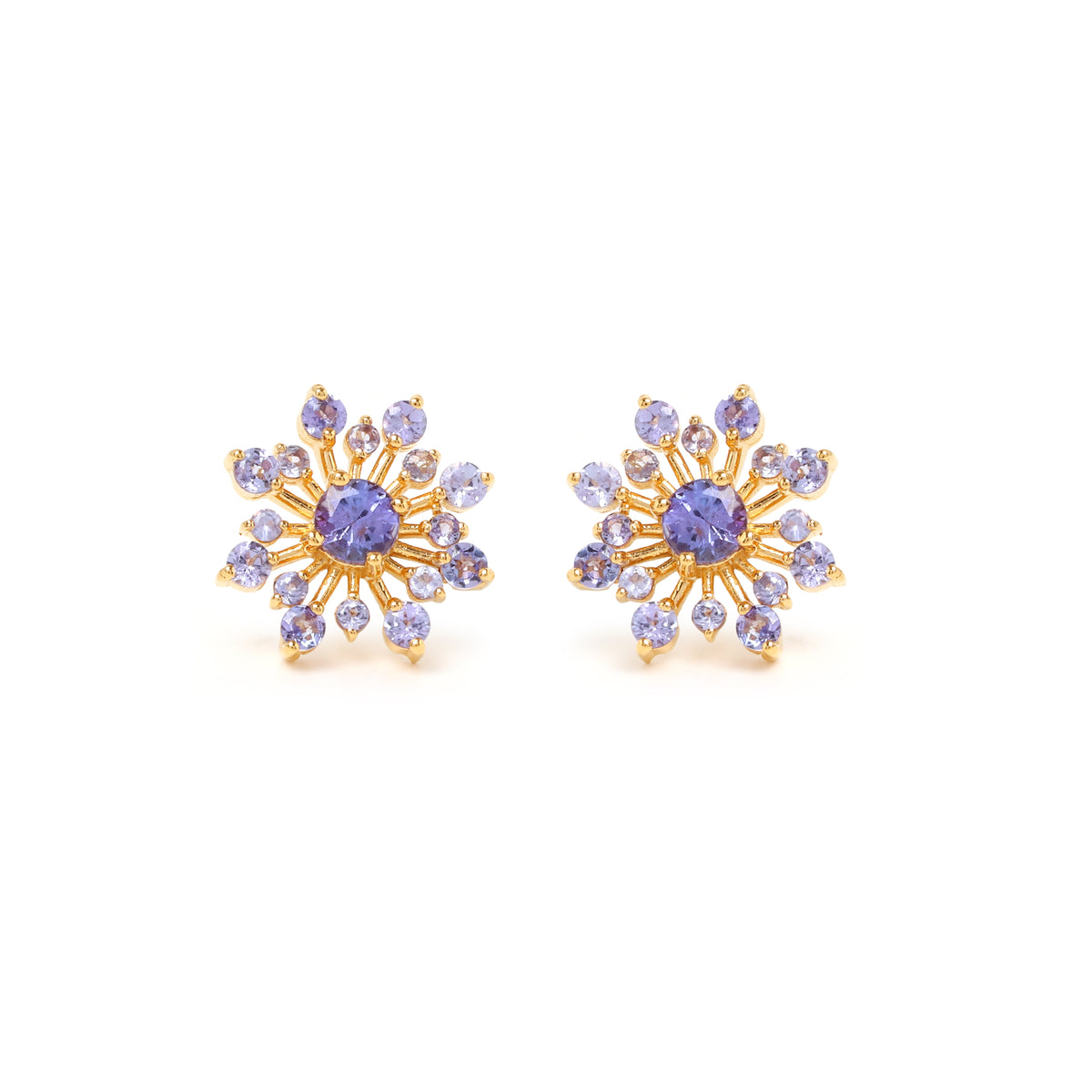 Tanzanite snowflake stud earrings in 18K gold plated sterling silver by Jewelry By Crimson