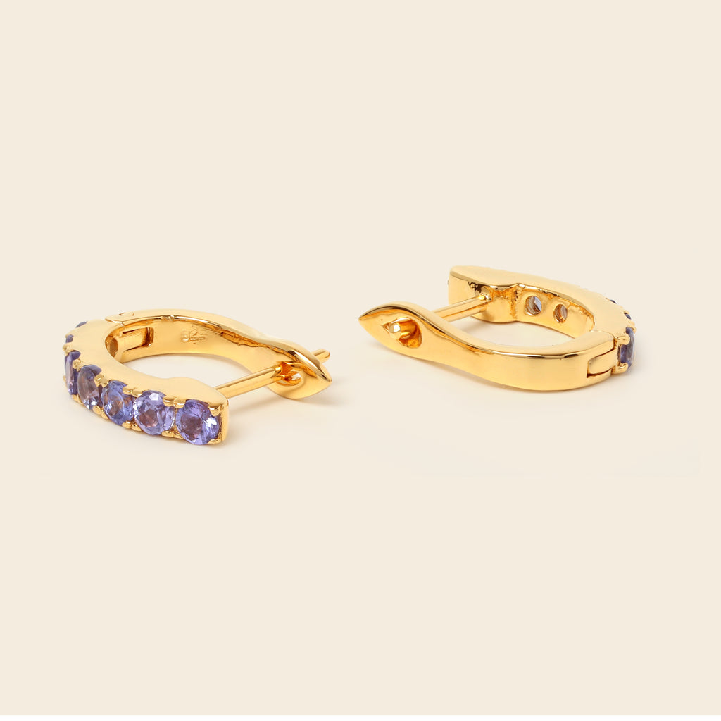 Natural tanzanite gold hoops handcrafted in Bangkok