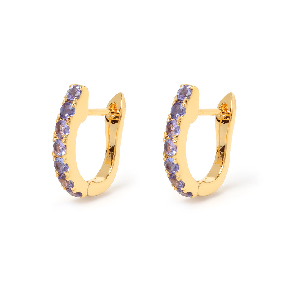 Tanzanite huggie hoop earrings in 18K gold plated sterling silver by Jewelry By Crimson