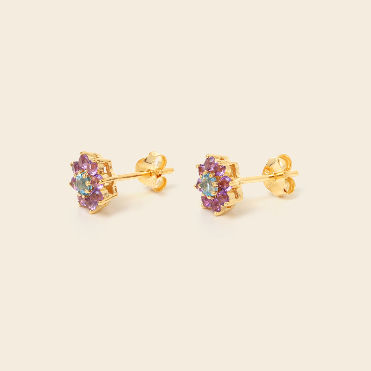 Blue topaz amethyst stud earrings with butterfly closure