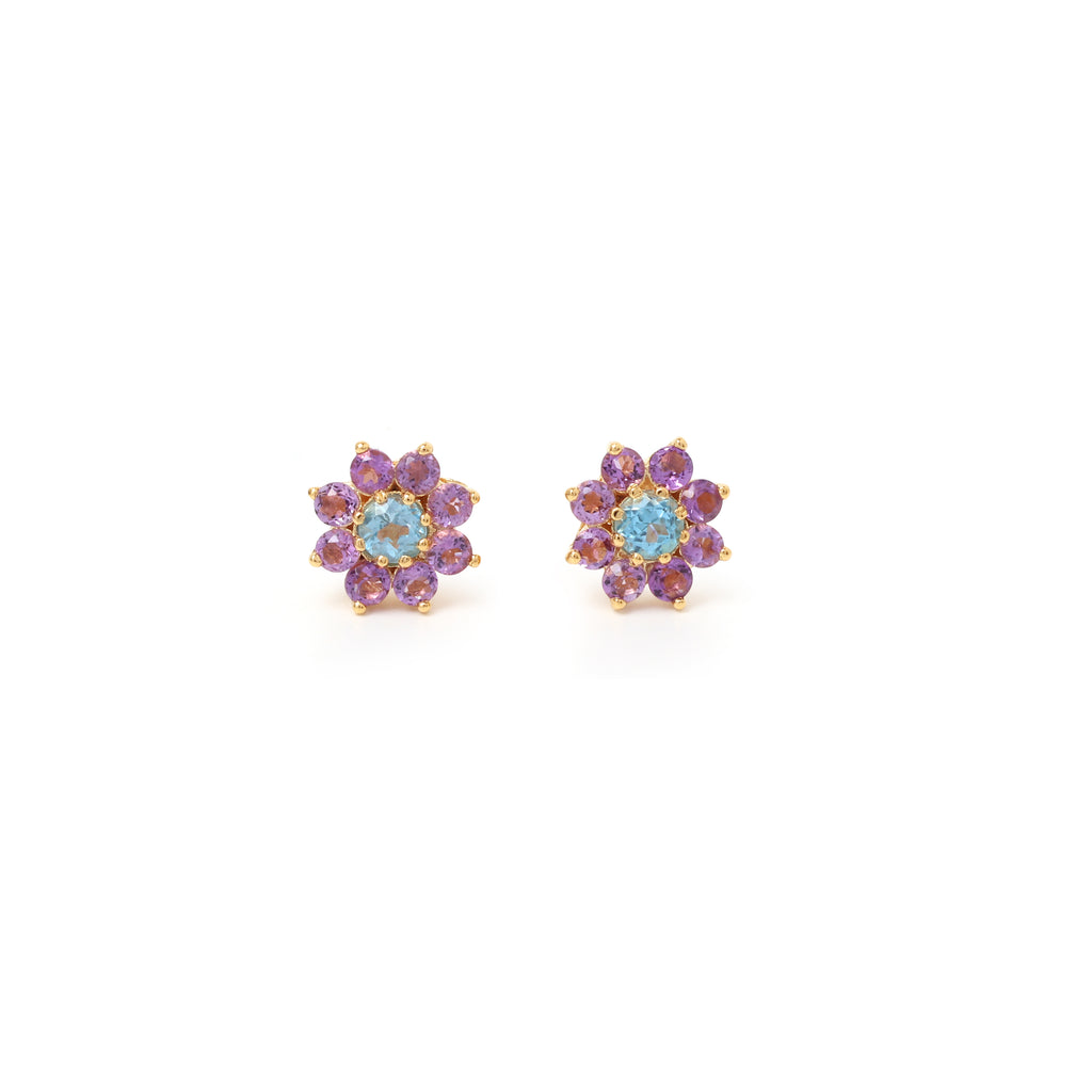 Blue topaz and amethyst flower stud earrings in 18K gold plated sterling silver by Jewelry By Crimson