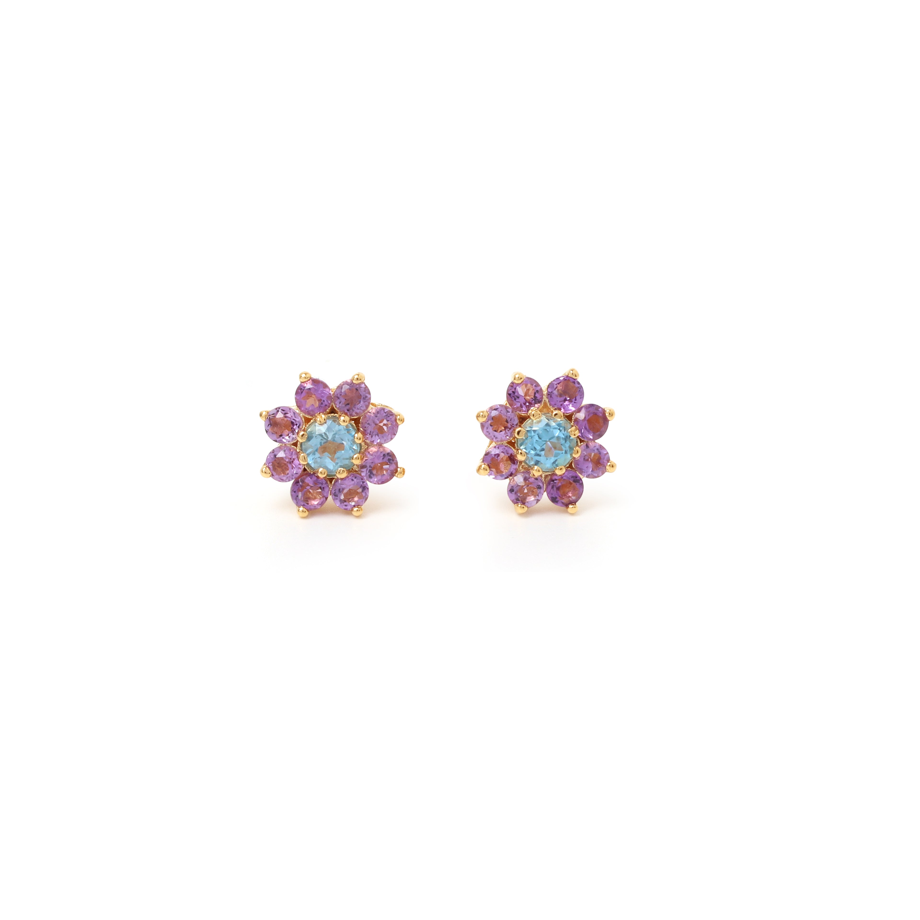 Blue topaz and amethyst flower stud earrings in 18K gold plated sterling silver by Jewelry By Crimson