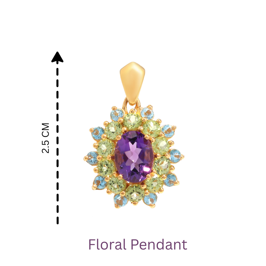 Amethyst, Peridot & Blue Topaz Flower Cluster Pendant in 18K Gold-Plated Sterling Silver