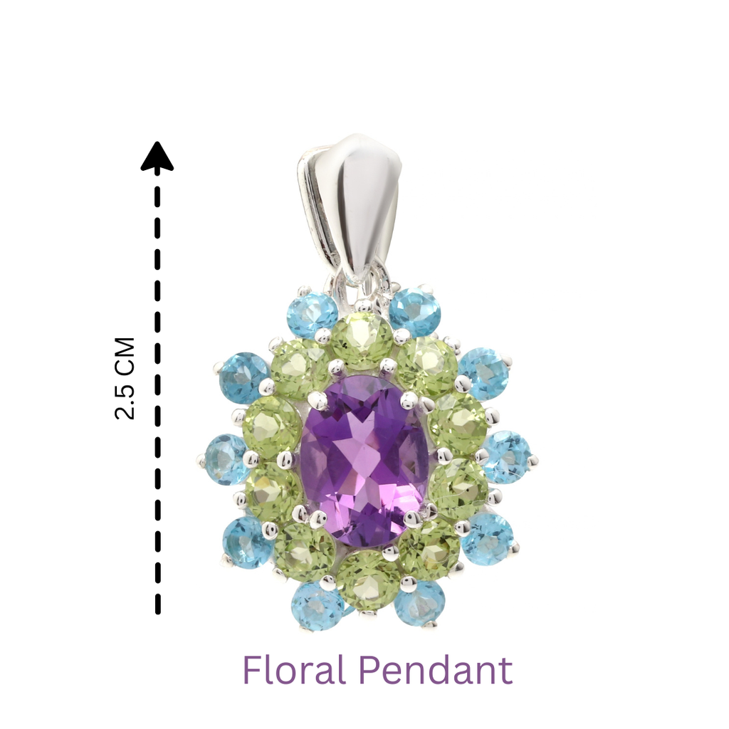 Amethyst, Peridot & Blue Topaz Flower Cluster Pendant in 925 Sterling Silver