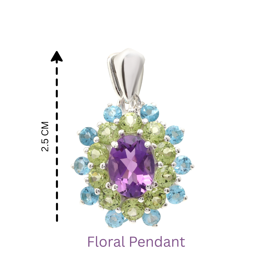 Amethyst, Peridot & Blue Topaz Flower Cluster Pendant in 925 Sterling Silver