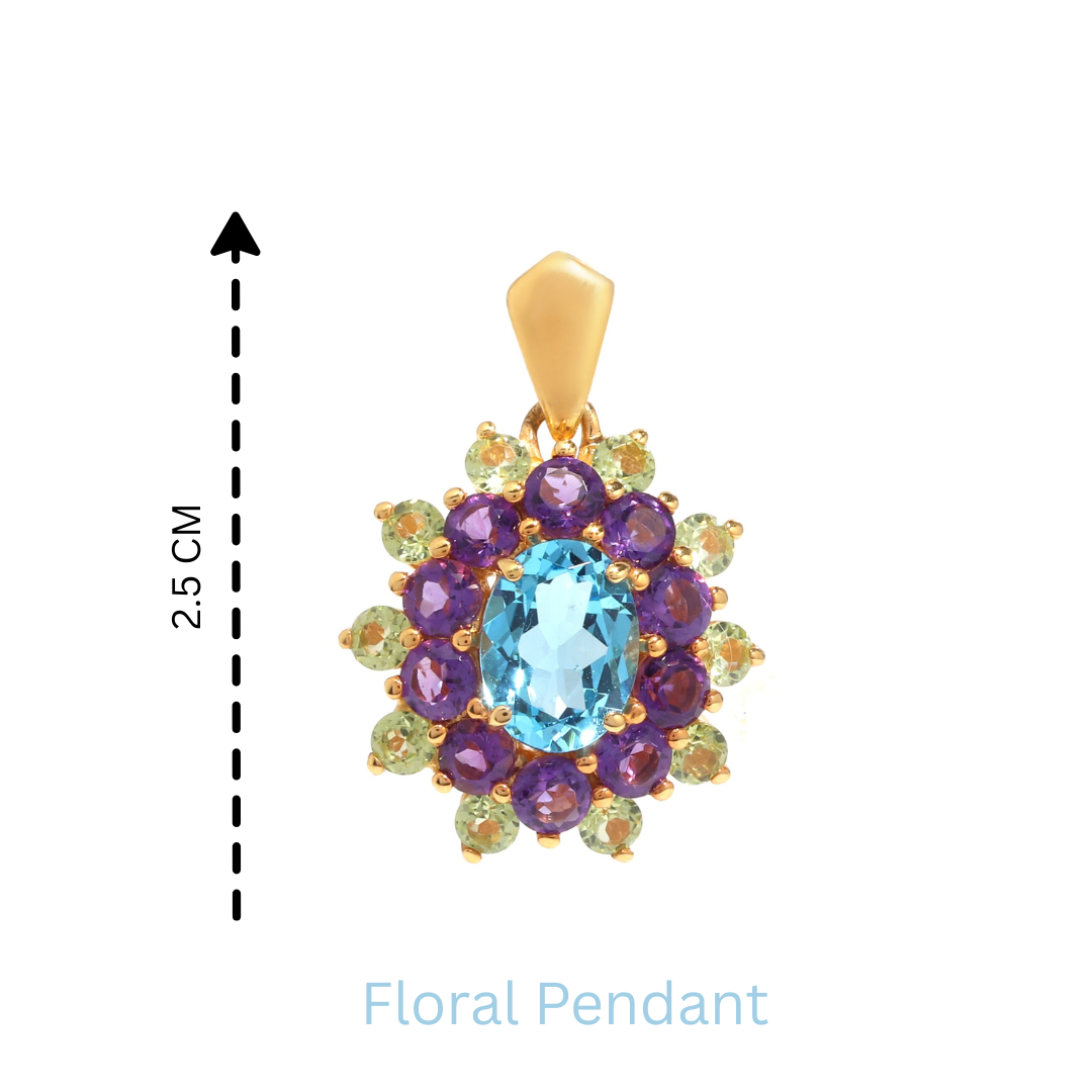 Blue Topaz, Amethyst & Peridot Flower Cluster Pendant in 18K Gold-Plated Sterling Silver