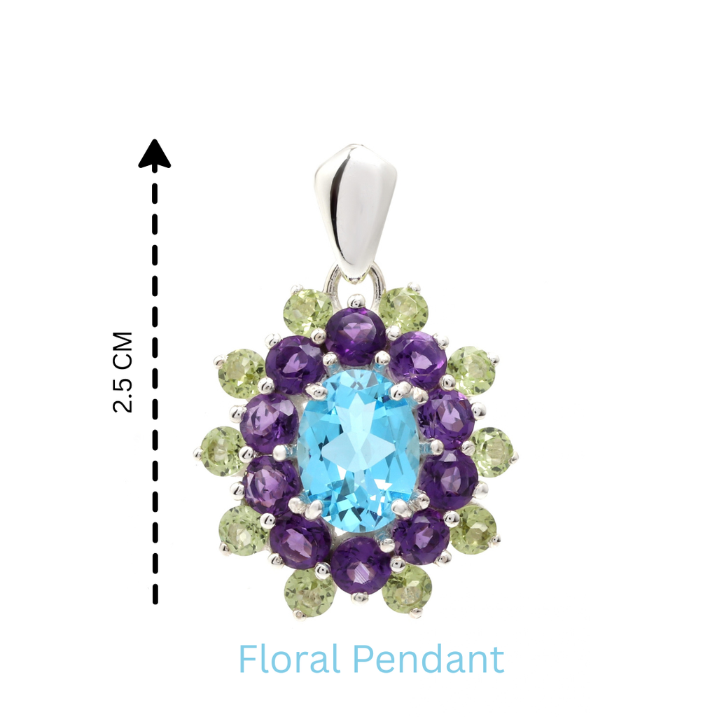 Blue Topaz, Amethyst & Peridot Flower Cluster Pendant in 925 Sterling Silver