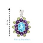 Blue Topaz, Amethyst & Peridot Flower Cluster Pendant in 925 Sterling Silver