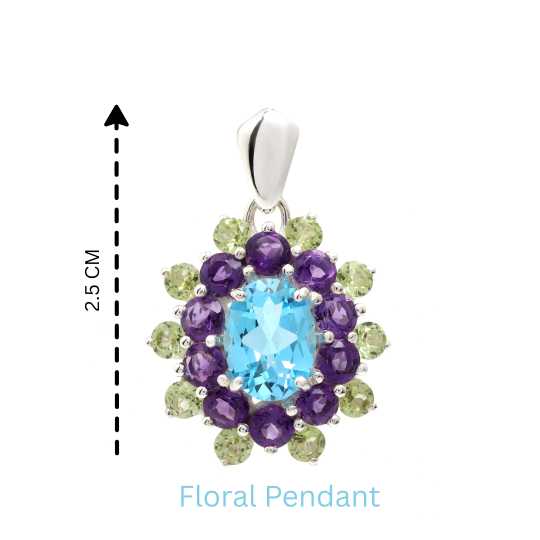 Blue Topaz, Amethyst & Peridot Flower Cluster Pendant in 925 Sterling Silver