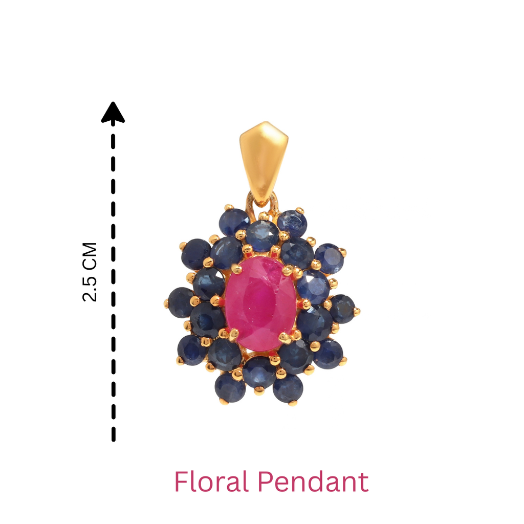 Ruby & Blue Sapphire Flower Cluster Pendant in 18K Gold-Plated Sterling Silver