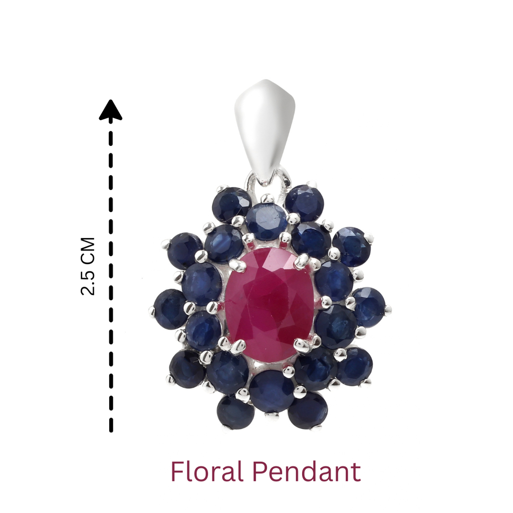 Ruby & Blue Sapphire Flower Cluster Pendant in 925 Sterling Silver