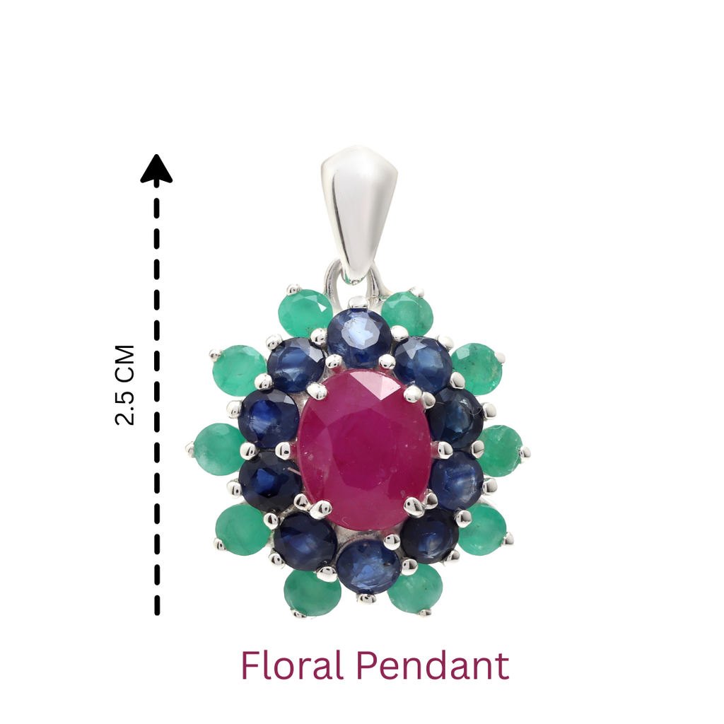 Ruby, Blue Sapphire & Emerald Flower Cluster Pendant in 925 Sterling Silver