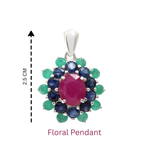 Ruby, Blue Sapphire & Emerald Flower Cluster Pendant in 925 Sterling Silver