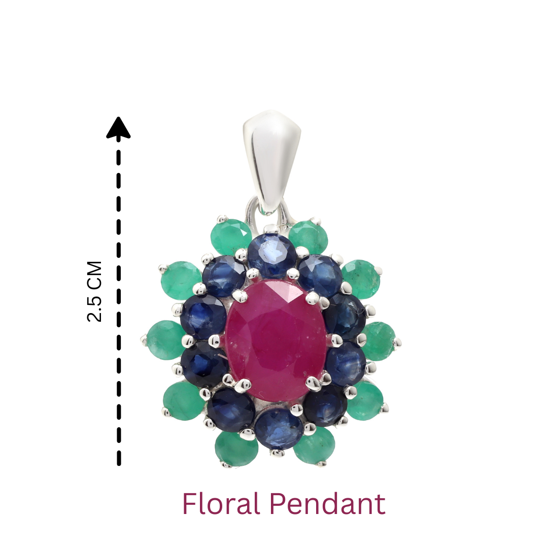 Ruby, Blue Sapphire & Emerald Flower Cluster Pendant in 925 Sterling Silver
