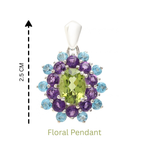 Peridot, Amethyst & Blue Topaz Flower Cluster Pendant in 925 Sterling Silver