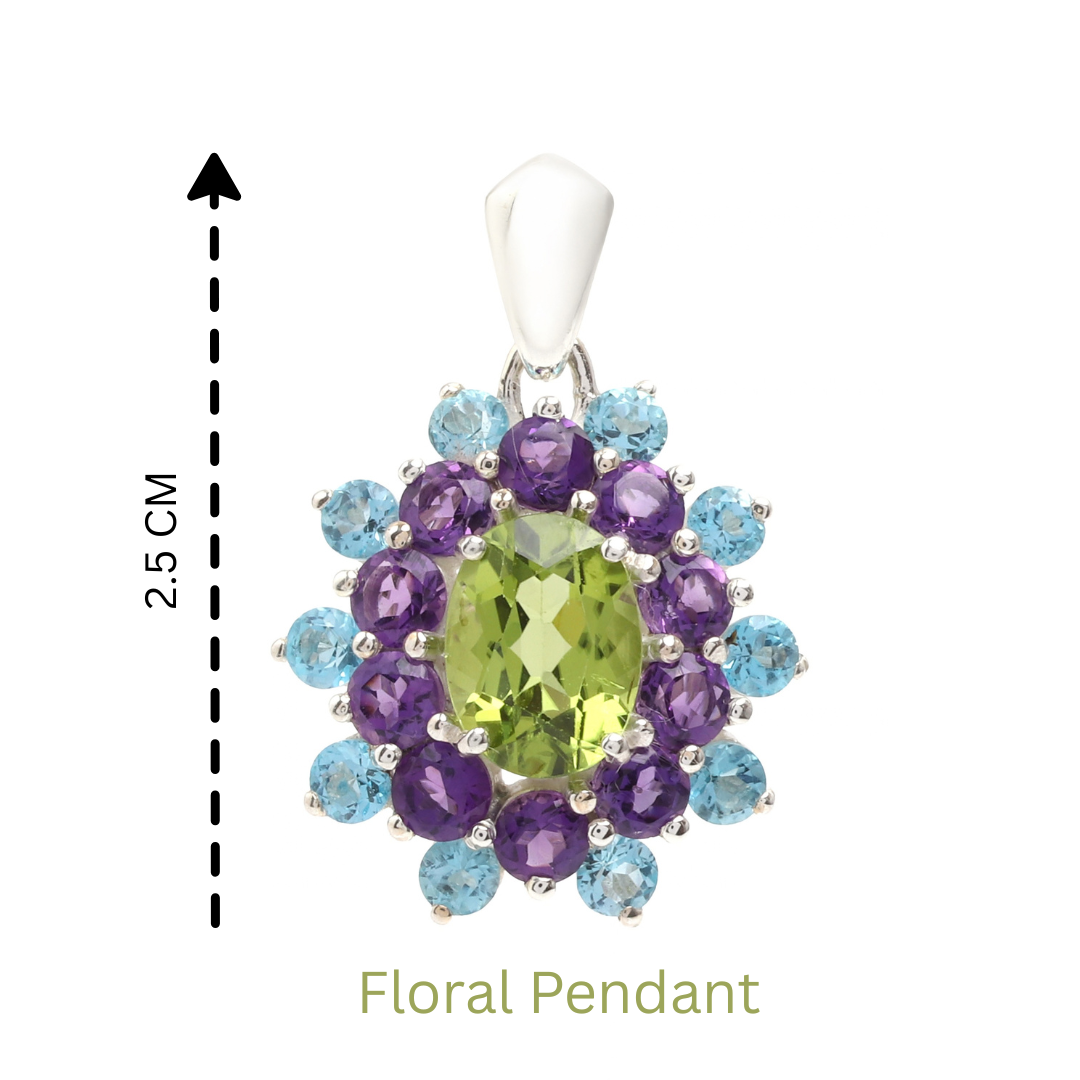 Peridot, Amethyst & Blue Topaz Flower Cluster Pendant in 925 Sterling Silver