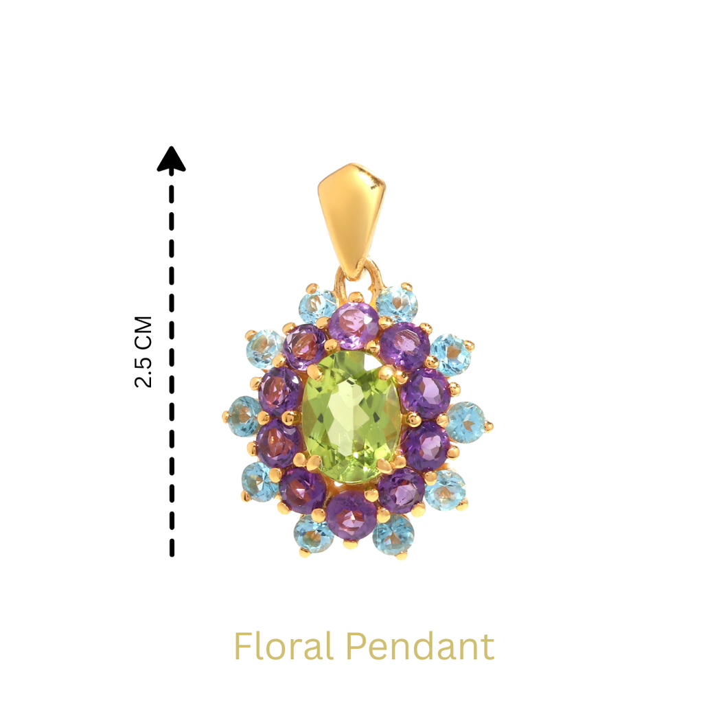 Peridot, Amethyst & Blue Topaz Flower Cluster Pendant in 18K Gold-Plated Sterling Silver