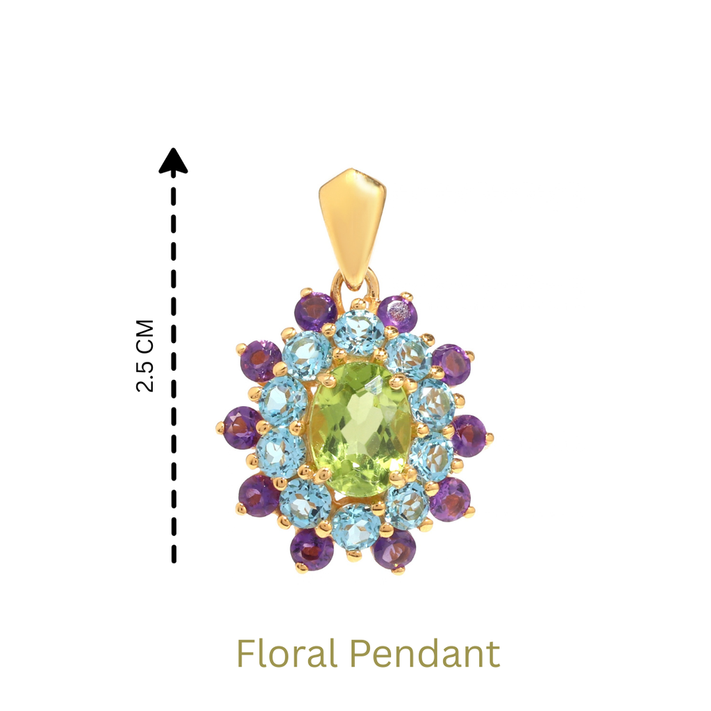 Peridot, Blue Topaz & Amethyst Flower Cluster Pendant in 18K Gold-Plated Sterling Silver