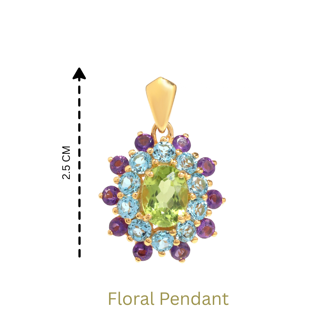 Peridot, Blue Topaz & Amethyst Flower Cluster Pendant in 18K Gold-Plated Sterling Silver