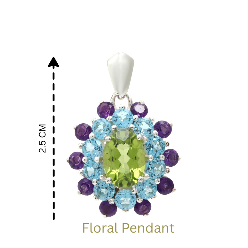 Peridot, Blue Topaz & Amethyst Flower Cluster Pendant in 925 Sterling Silver