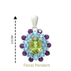 Peridot, Blue Topaz & Amethyst Flower Cluster Pendant in 925 Sterling Silver
