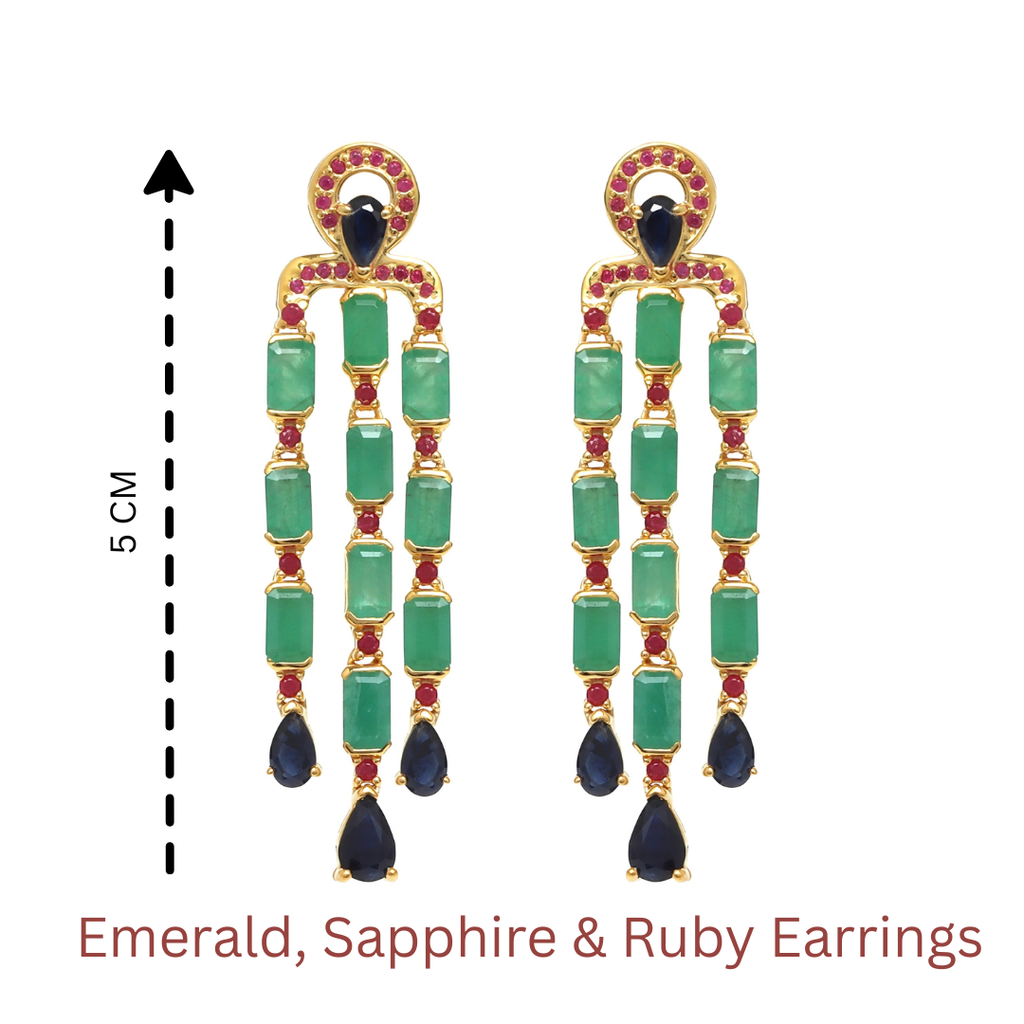 Emerald & Blue Sapphire Statement Dangle Earrings in 18K Gold-Plated Sterling Silver