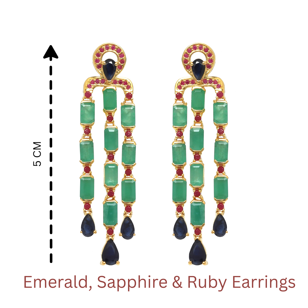 Emerald & Blue Sapphire Statement Dangle Earrings in 18K Gold-Plated Sterling Silver