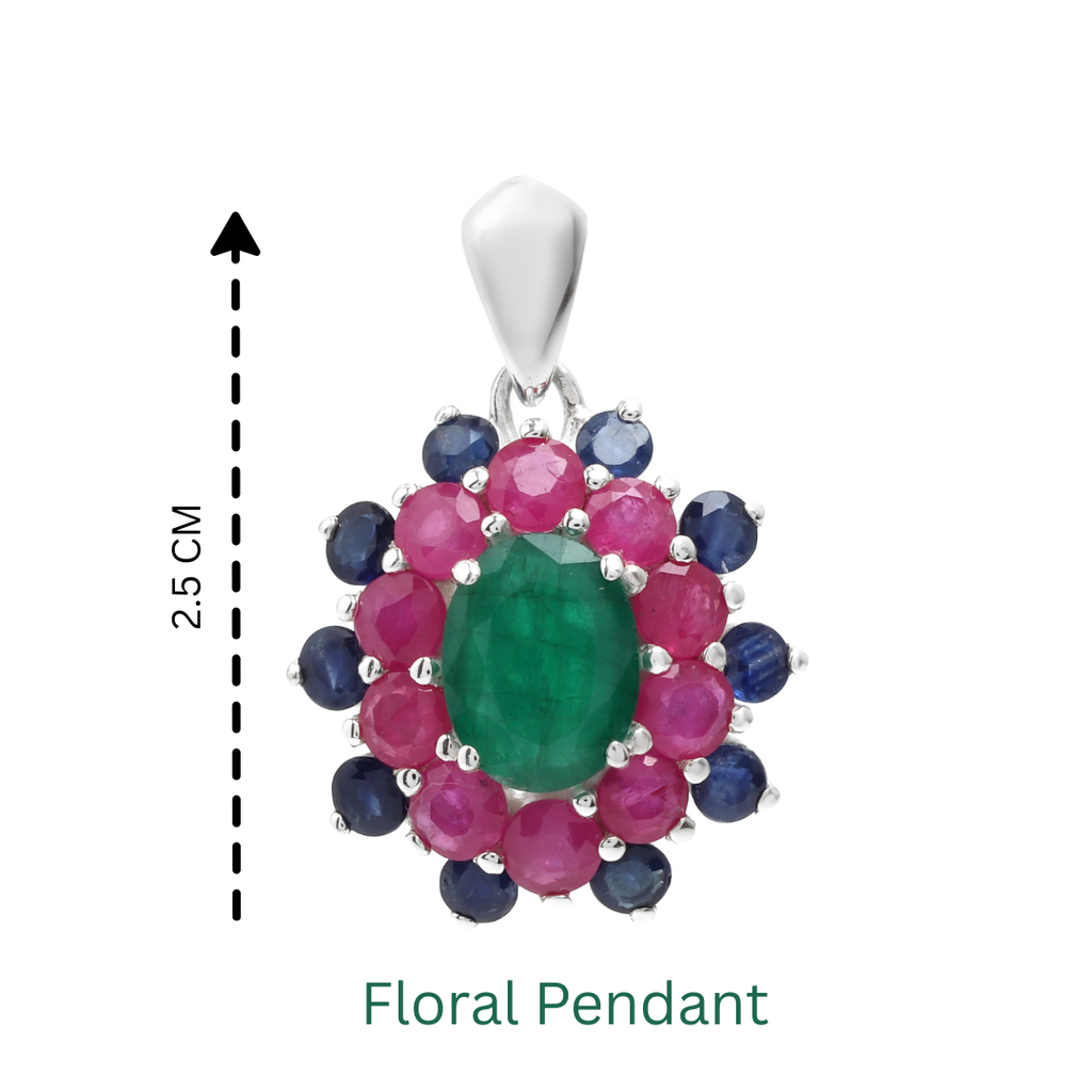 Emerald, Ruby & Blue Sapphire Flower Cluster Pendant in 925 Sterling Silver