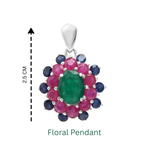Emerald, Ruby & Blue Sapphire Flower Cluster Pendant in 925 Sterling Silver