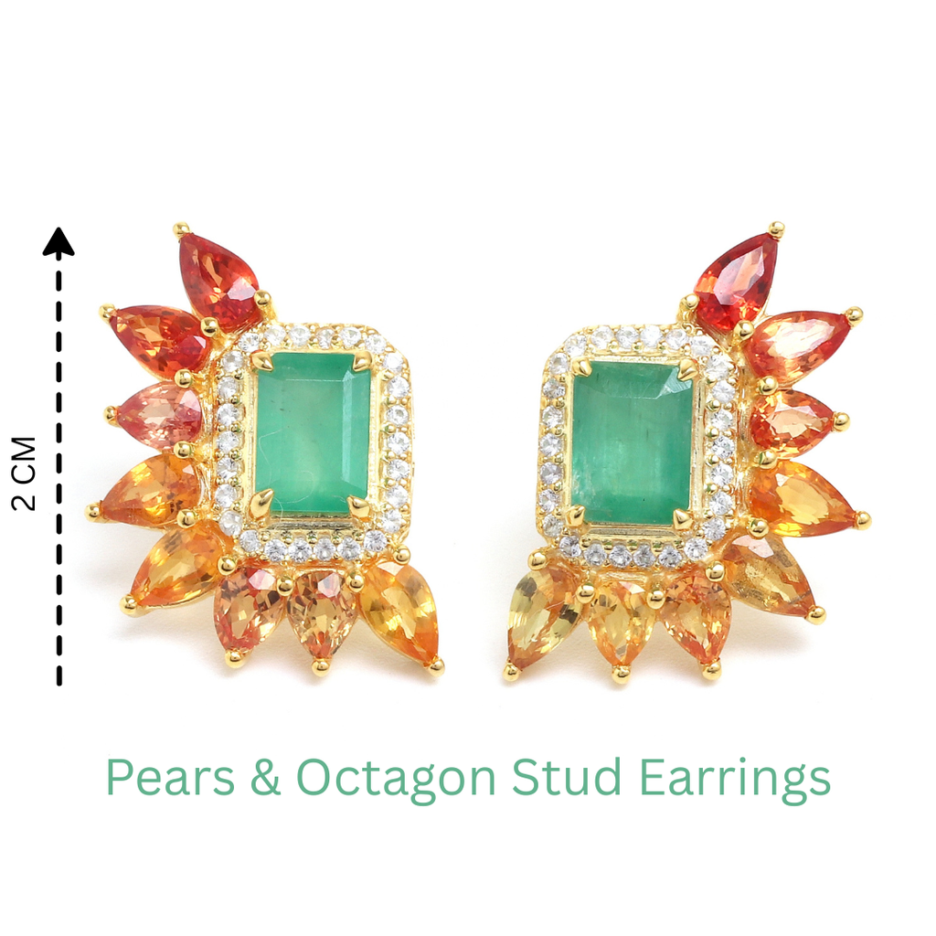 Emerald & Fancy Sapphire Cluster Stud Earrings in 18K Gold-Plated Sterling Silver