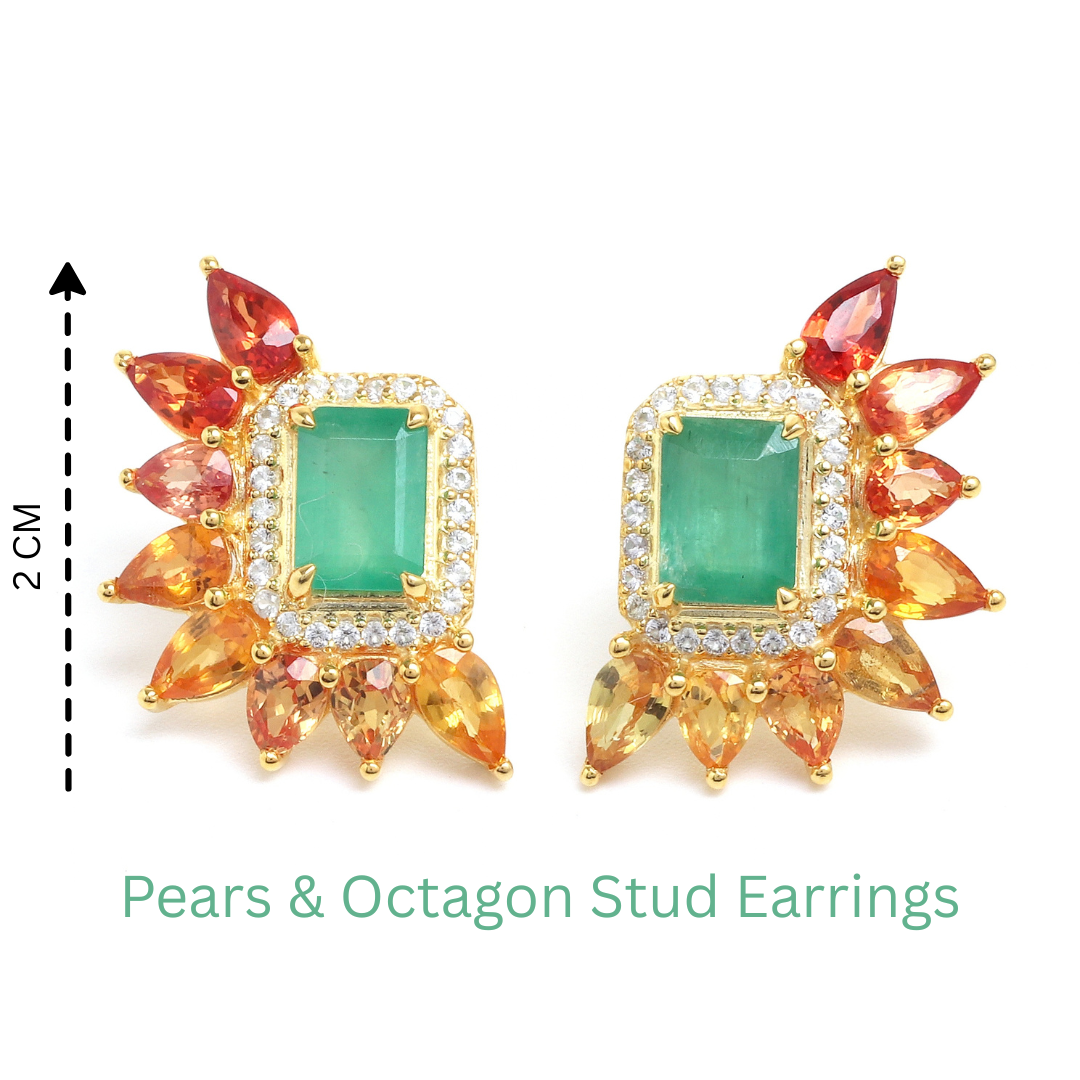 Emerald & Fancy Sapphire Cluster Stud Earrings in 18K Gold-Plated Sterling Silver