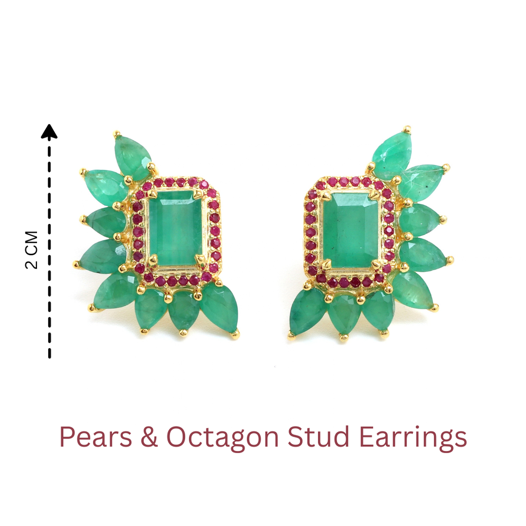 Emerald & Ruby Cluster Stud Earrings in 18K Gold-Plated Sterling Silver