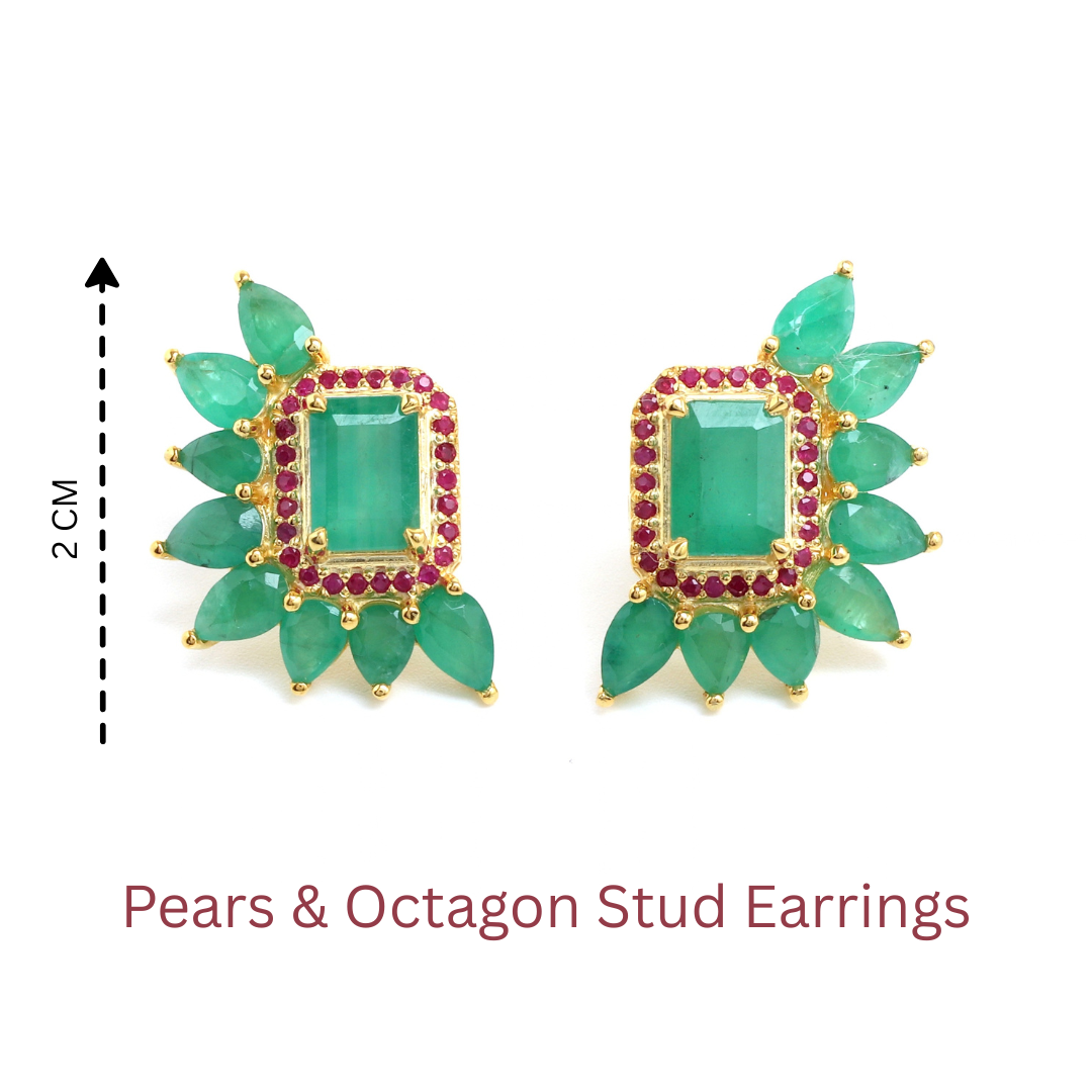 Emerald & Ruby Cluster Stud Earrings in 18K Gold-Plated Sterling Silver