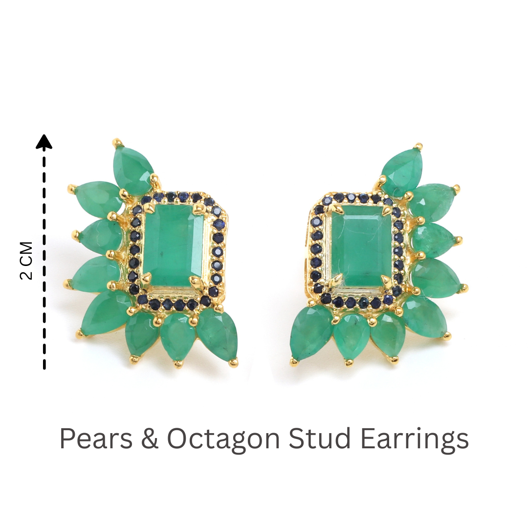 Emerald Cluster Stud Earrings with Sapphire in 18K Gold-Plated Sterling Silver