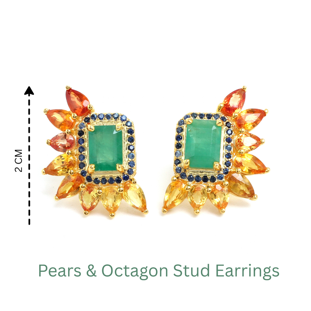 Emerald & Rainbow Sapphire Cluster Stud Earrings in 18K Gold-Plated Sterling Silver