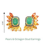 Emerald & Rainbow Sapphire Cluster Stud Earrings in 18K Gold-Plated Sterling Silver