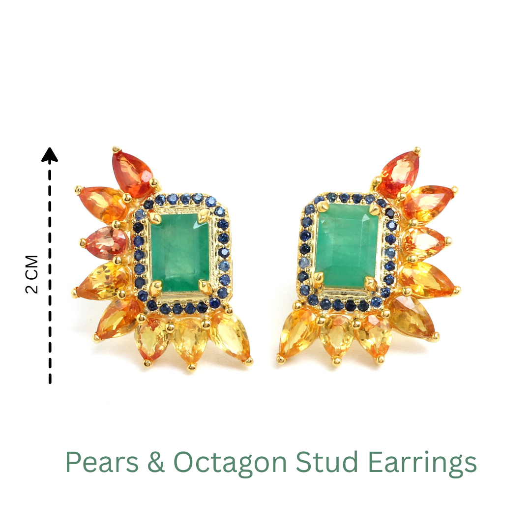 Emerald & Rainbow Sapphire Cluster Stud Earrings in 18K Gold-Plated Sterling Silver