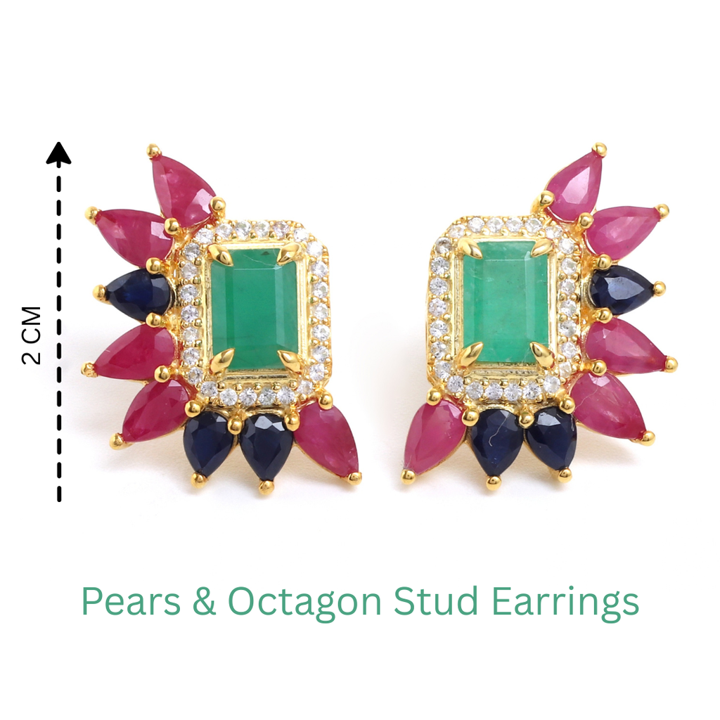 Emerald & Blue Sapphire Cluster Stud Earrings in 18K Gold-Plated Sterling Silver
