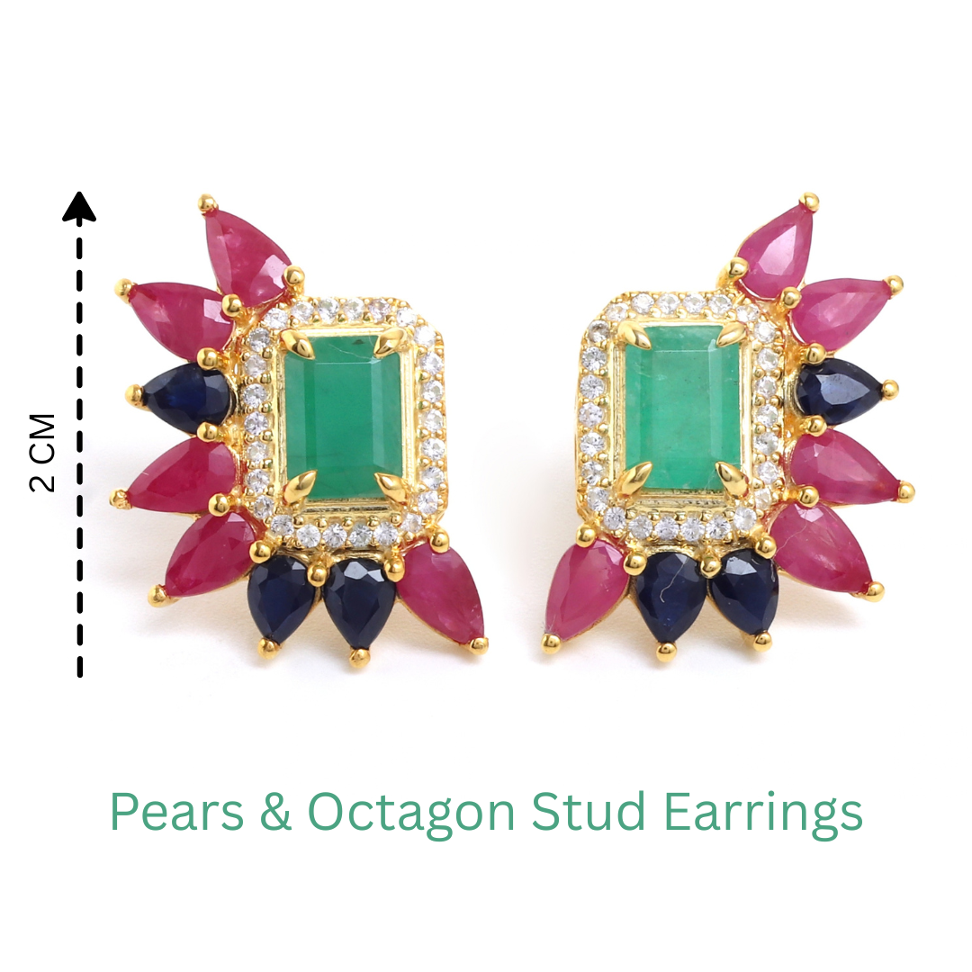 Emerald & Blue Sapphire Cluster Stud Earrings in 18K Gold-Plated Sterling Silver