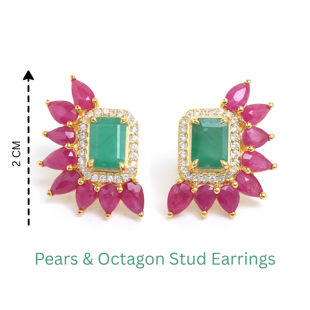 Emerald & Ruby Cluster Stud Earrings in 18K Gold-Plated Sterling Silver