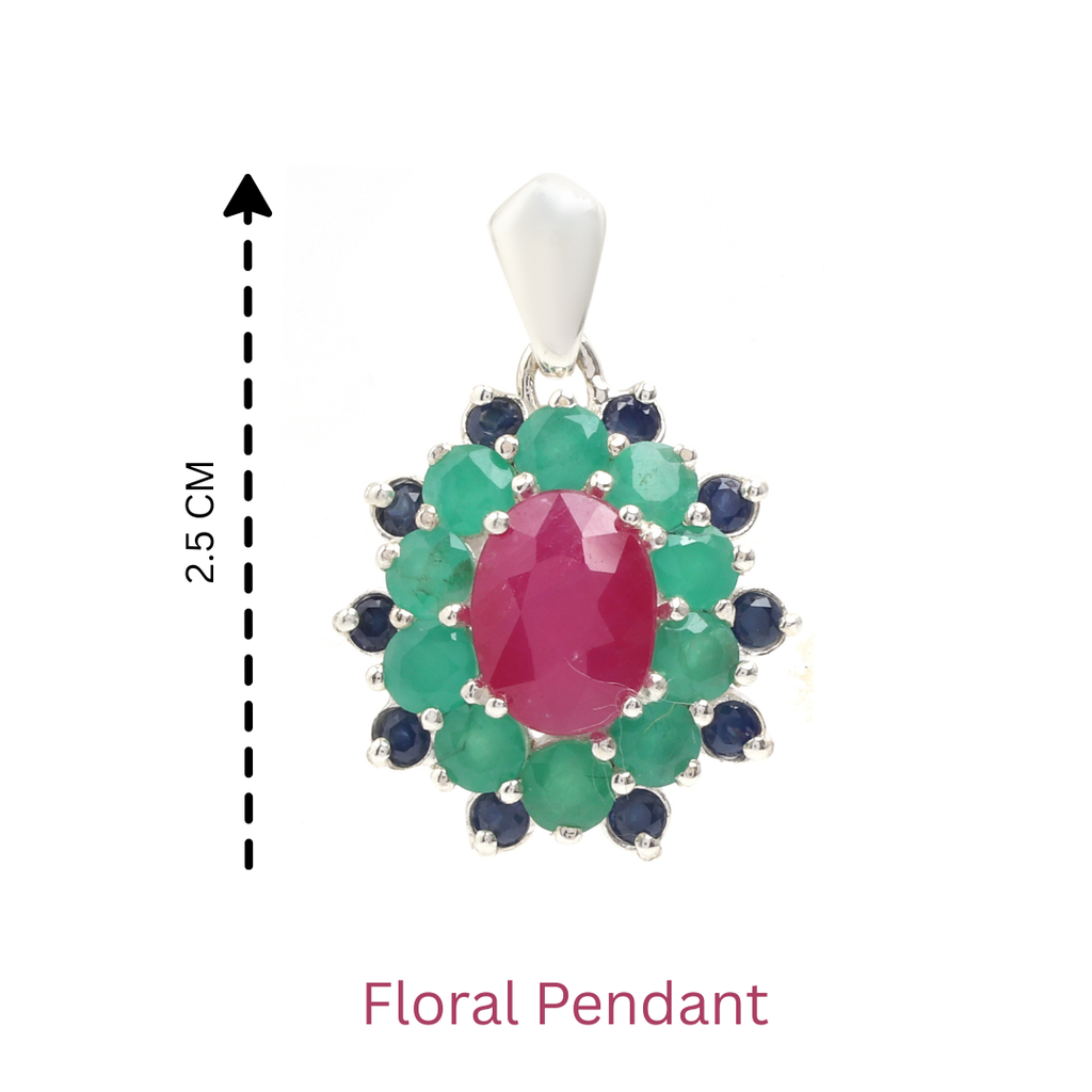 Ruby, Emerald & Blue Sapphire Flower Cluster Pendant in 925 Sterling Silver