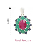 Ruby, Emerald & Blue Sapphire Flower Cluster Pendant in 925 Sterling Silver