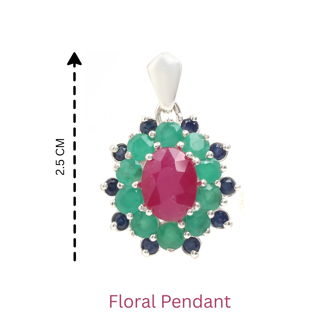 Ruby, Emerald & Blue Sapphire Flower Cluster Pendant in 925 Sterling Silver