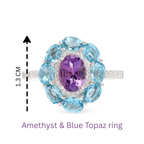 Amethyst & Blue Topaz Flower Halo Ring in 925 Sterling Silver