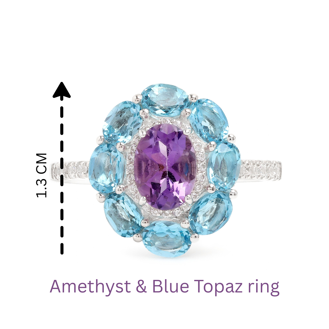 Amethyst & Blue Topaz Flower Halo Ring in 925 Sterling Silver