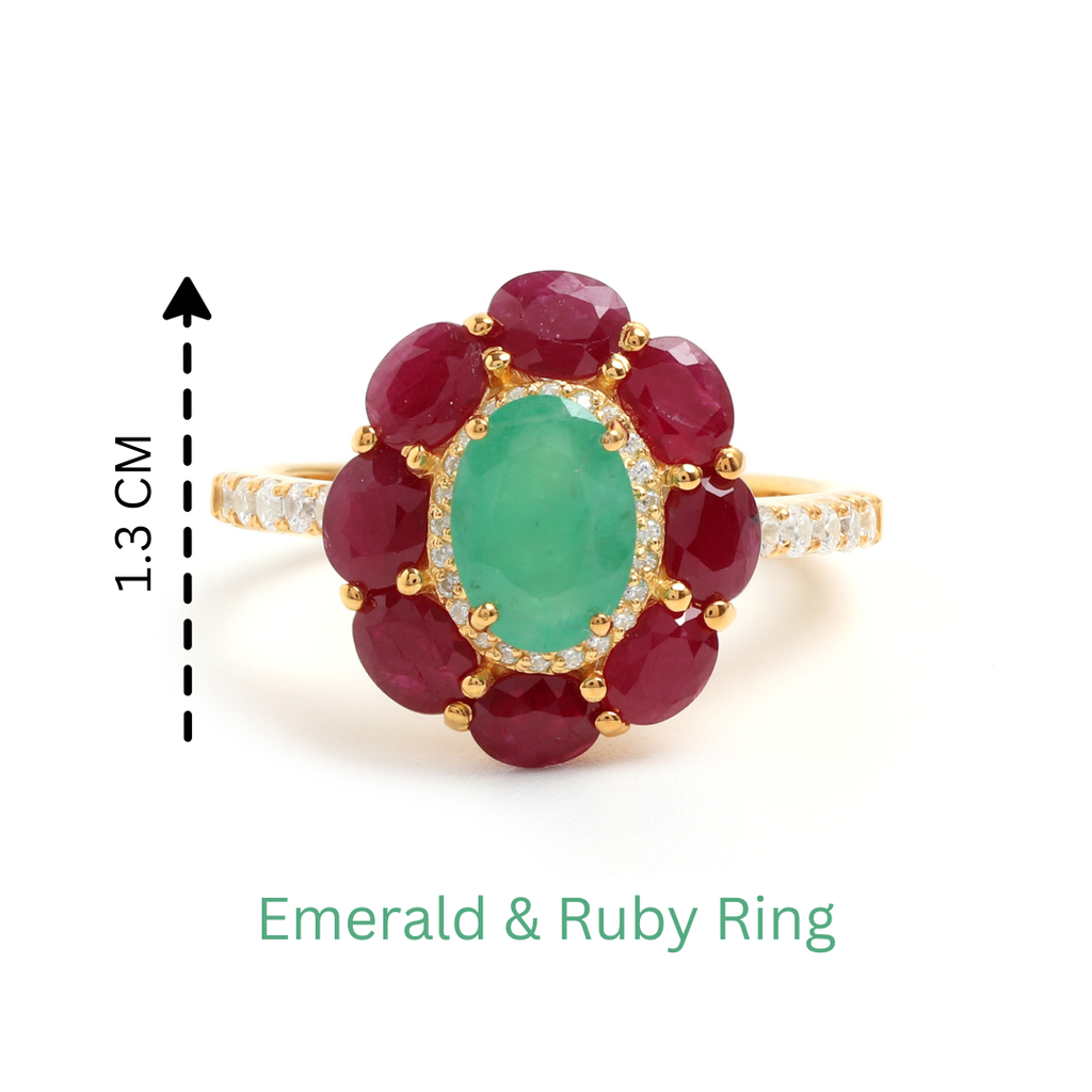 Emerald & Ruby Flower Halo Ring in 18K Gold-Plated Sterling Silver